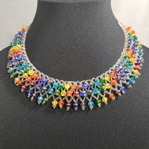 Handmade Women's Choker Necklace Clear & Rainbow Colors Beads‎ Size 9 Inches